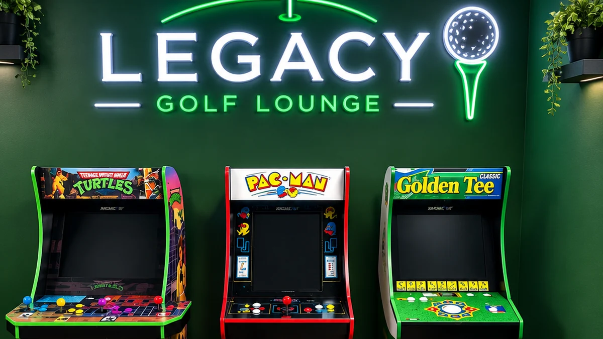 Neon Legacy Golf Lounge sign above arcade cabinets